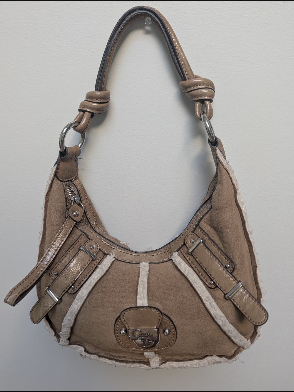 Guess Faux Shearling Suede Hobo Shoulder Bag Y2K Boho Tan Beige